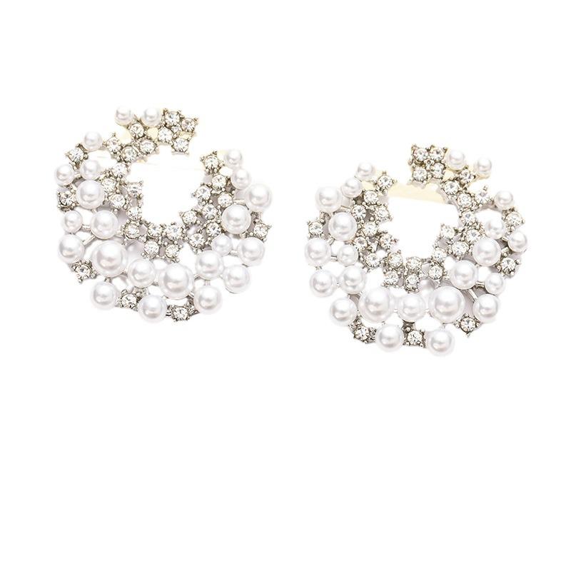 Korean Luxury C-Shaped Pearl & Diamond Imitation Silver Earrings - Versatile High-End Fashion