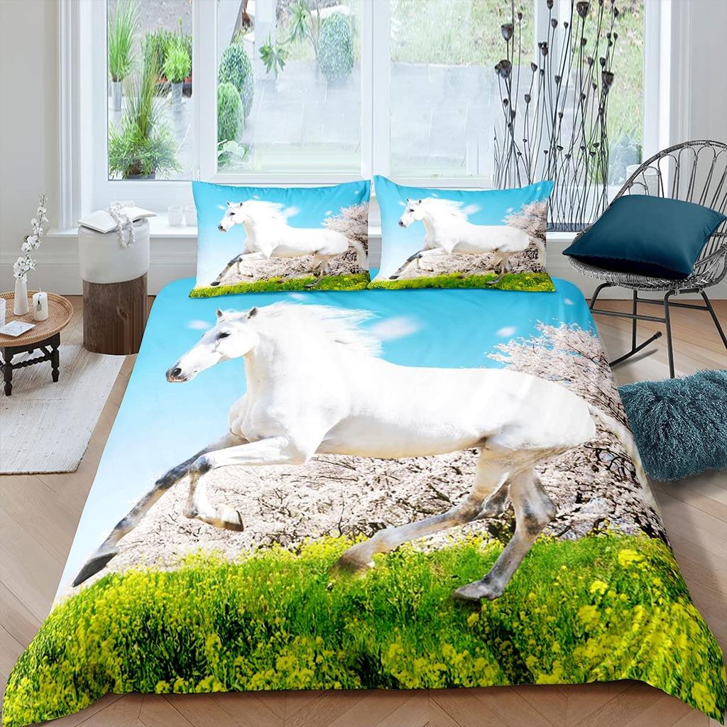 White Horse Pink Cherry Blossom King Full Bedding Set Watercolor Floral Duvet Cover Animal Quilt Cover Polyester Comforter Cover
