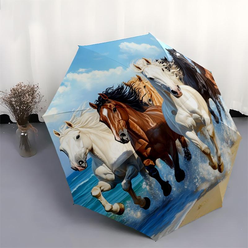 1pc running horses on the beach Umbrella with Plastic Handle,Suitable for All Seasons Home Travel Outdoor UmbrellaDD1632