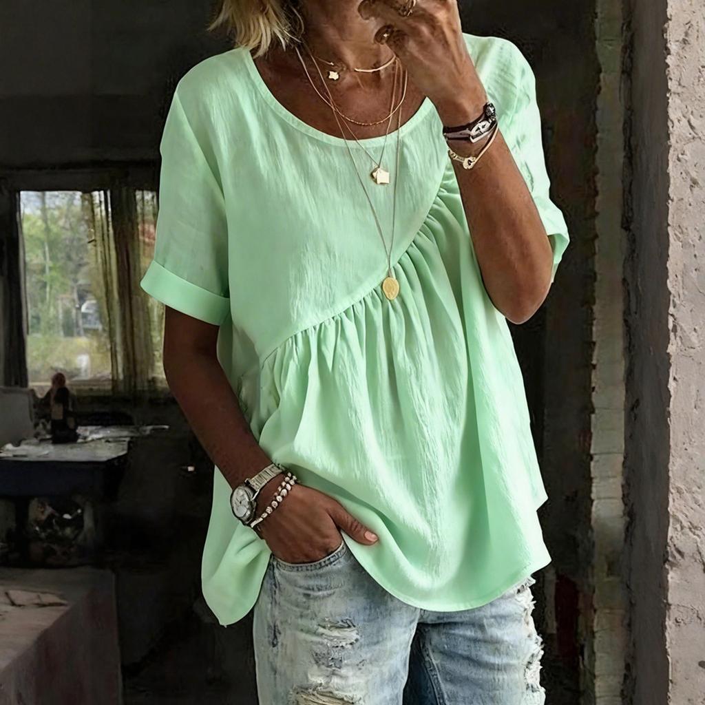 Women's Fashion Loose-Fit Round-Neck Short-Sleeve Gathered T-Shirt Top