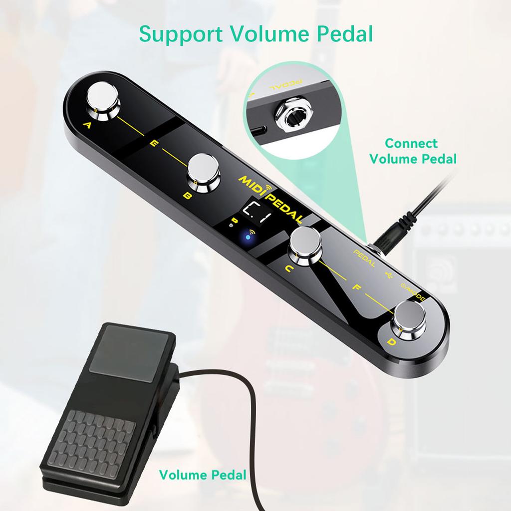 Wireless MIDI Controller Pedal 5 Modes Digital Display 25Hrs USB Footswitch Metal Switch Wireless Receiver for Mixer Electric