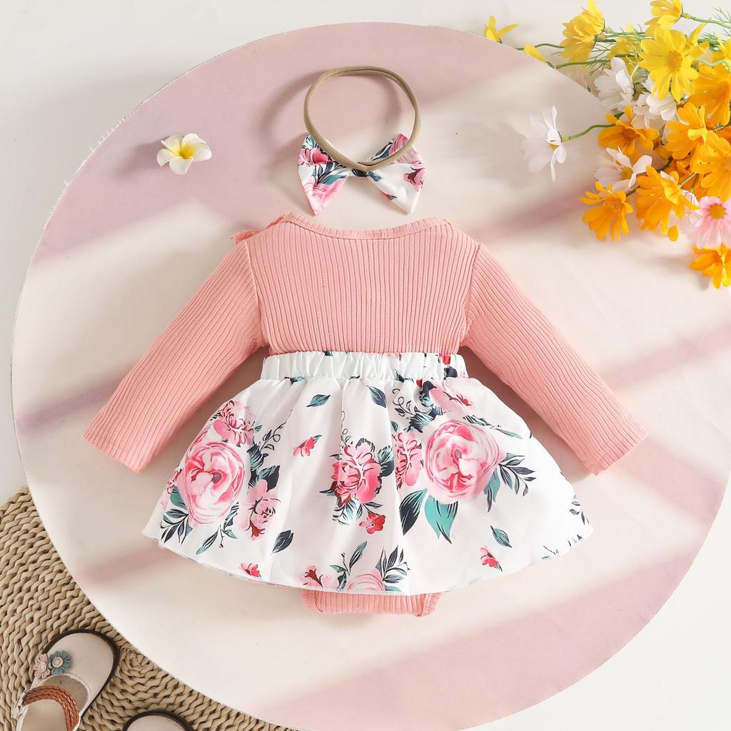 Baby Girl Long Sleeve Lace Trim Bodysuit Dress - Newborn Autumn/Winter Casual Romper