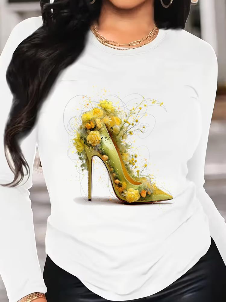 (Asian Size) Love Heart Style Printed Female Clothing Women Tee Lady T Shirt Casual Fashion Top Long Sleeve Graphic T-shirts