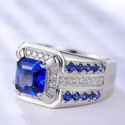 Huajie Exquisite Men's Full Paved Shining Square Blue Sparking Cubic Zirconia Rings for Men Party Gift  Trend