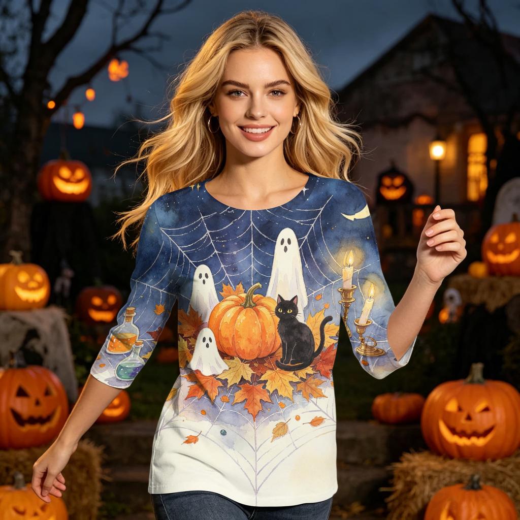 Women's Halloween Print Casual Round Neck -Quarter Sleeve for Holiday Party