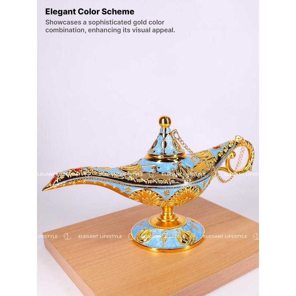 Vintage Aladdin Chirag Lamp-Luxurious Metal Jewelry Box,Decorative Showpiece,Home & Office-12 cm(Gold-Lite Blue)