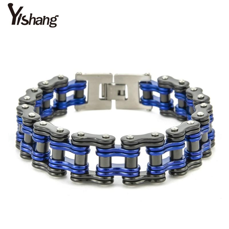 Titanium Steel Cycling Bracelet Men Geometric Biker Chain Style Black With Gold Blue Red Accents Durable Adjustable Wristband