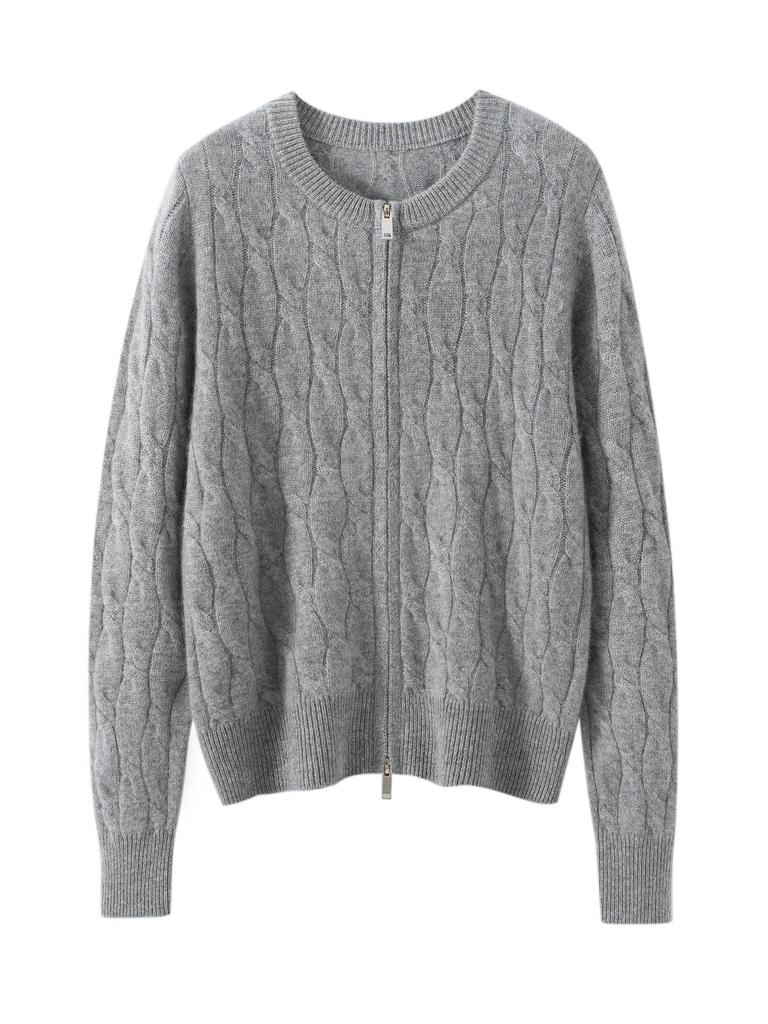 Women's Double Zipper Cable Knit Cashmere Cardigan - 2026 Autumn/Winter Loose Fit Round Neck Outerwear