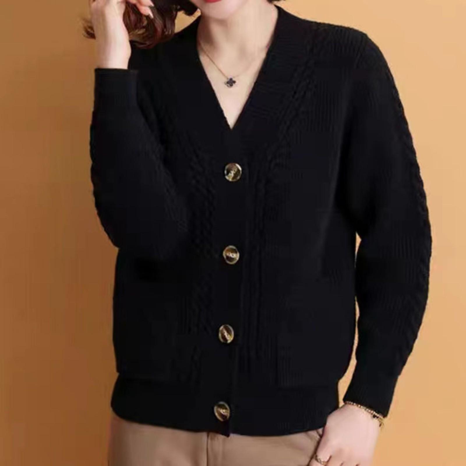 

Женский кардиган с V-образным вырезом, вязаный, на пуговицах, повседневный модный свитер-жакет One Size чёрный