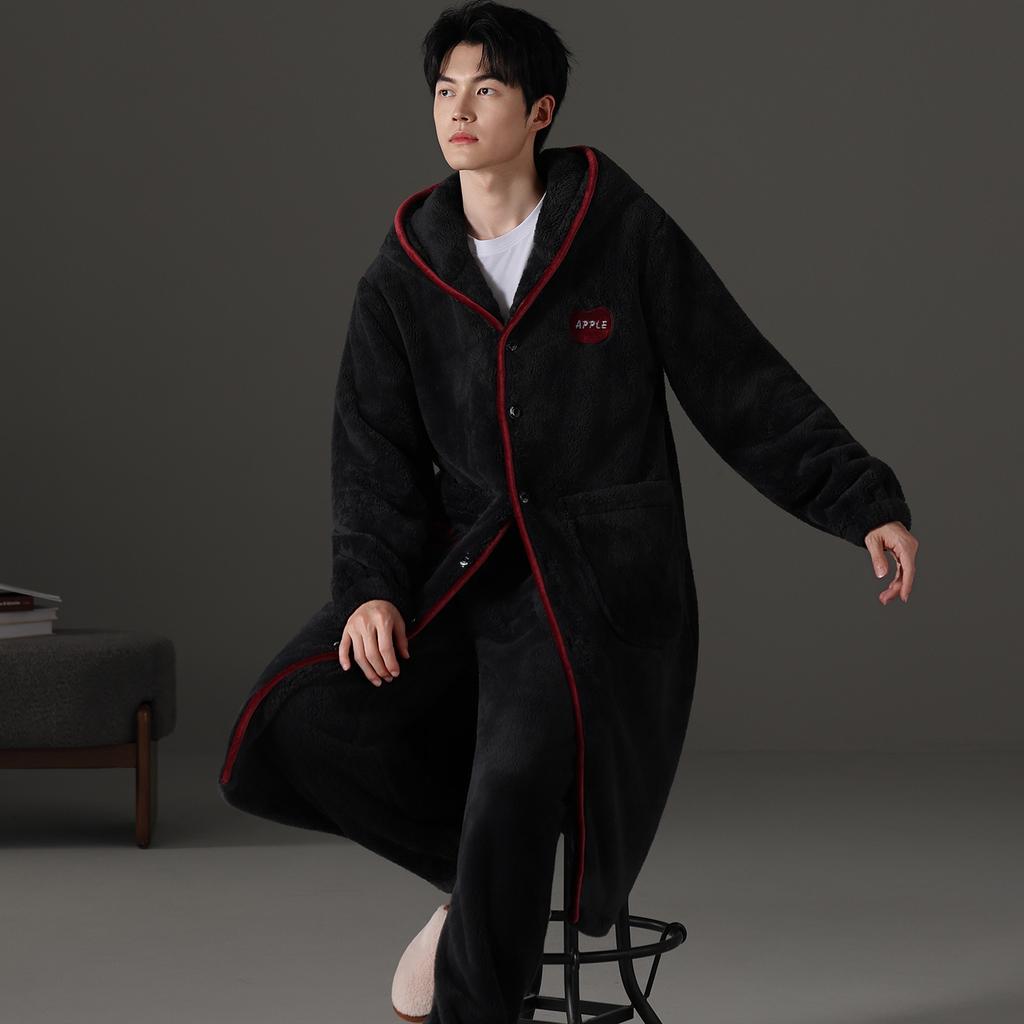 Nightgown Men's Autumn and Winter Coral Fleece Suit Pajamas Winter Hooded Thickened Fleece Flannel Loungewear Warm