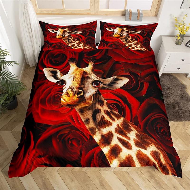 Hochlandkuh Bettwäsche-Set Bauernhoftier Bettbezug Einzelbett King Queen Rote Rose Deckenbezug Mikrofaser Romantische Florale Bettwäsche-Sets