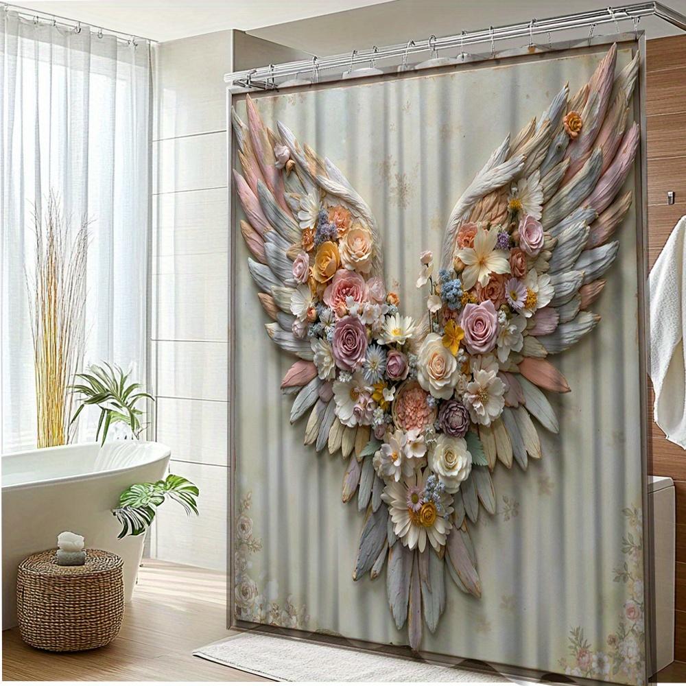 1Pc Angel Wings Floral Shower Curtain Bathroom Decor Polyester Fabric With 12 Hooks 70.8X70.8 Inches Bathtub Divider Wall Hangin