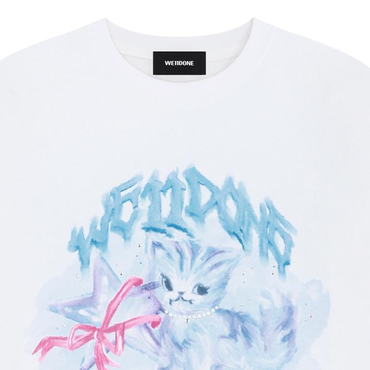 WE11DONE Autumn Winter Cat Short Sleeve T-Shirt Unisex Tops White WD-TT3-25-744-U-WH