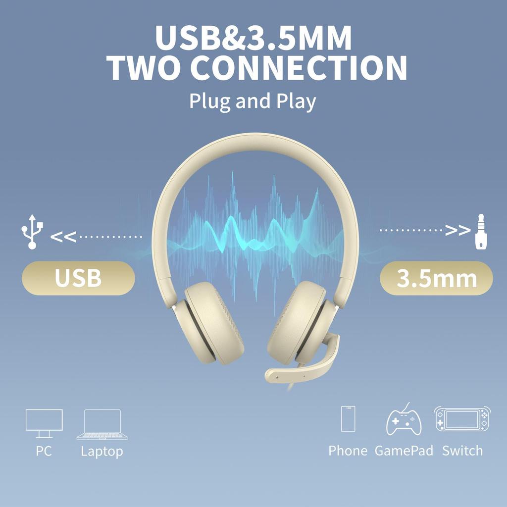 Awatrue EH10 Lightweight Wired Headset for Calls, Gaming, Aviation, and Business.
