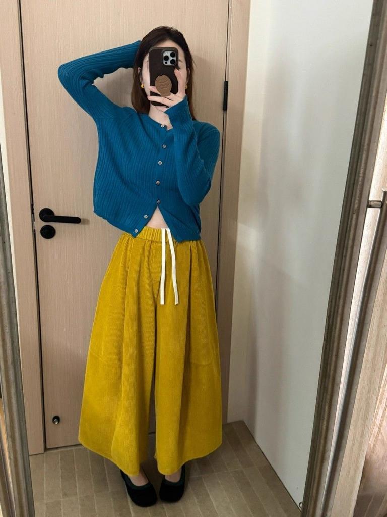 Autumn Winter Korean Style Fleece-Lined Warm Loose Fit Slimming Casual Pants for Women Wide Leg Corduroy