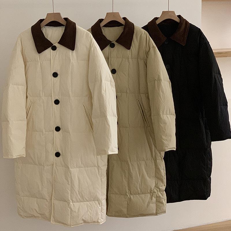 Lapel medium and long down jacket for women's winter new single-breasted buckle thickened over-the-knee white duck down jacket large size