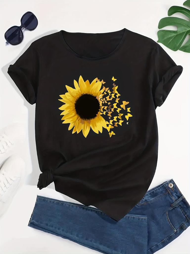 Butterfly Print Casual Sports Tops for Running Women's Summer Fashion Sunflower Graphic Sports Short Sleeve T-shirts