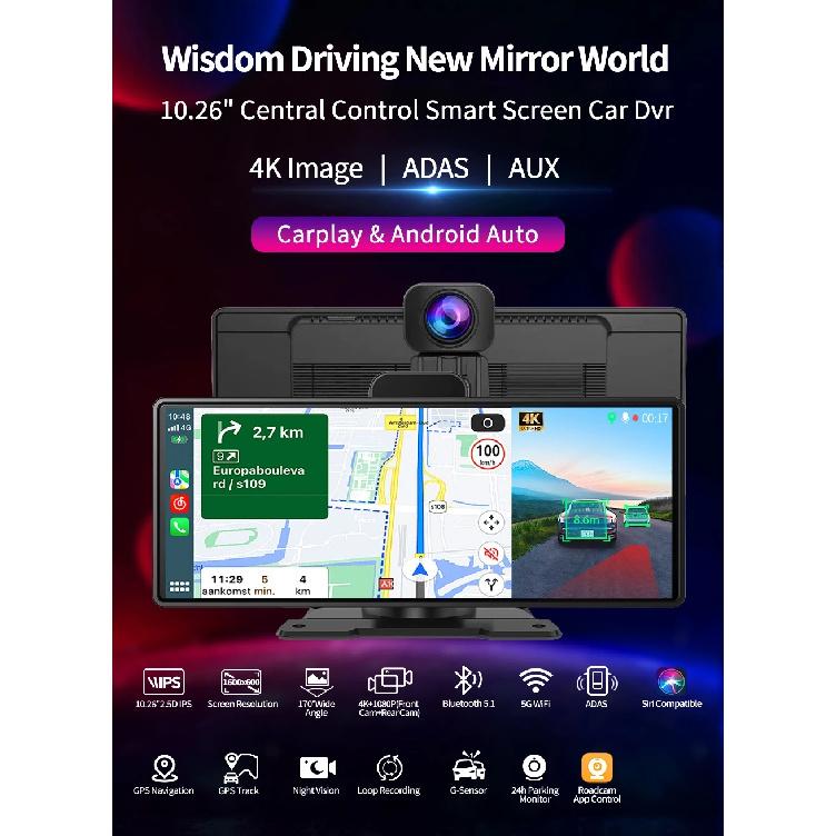 High Quality 10.26" Imagebon H9 Pro 4K Car DVR Dash Camera Wireless Carplay & Android Auto ADAS 5G Wifi Gps Navigation Rearview