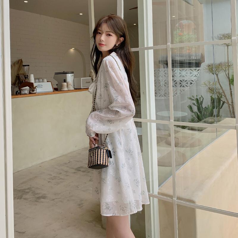 Spring Korean Style Women Long Sleeve Party Dress Autumn Floral Print Elegant Maxi Dresses Vintage Lady Lace-up Clothe