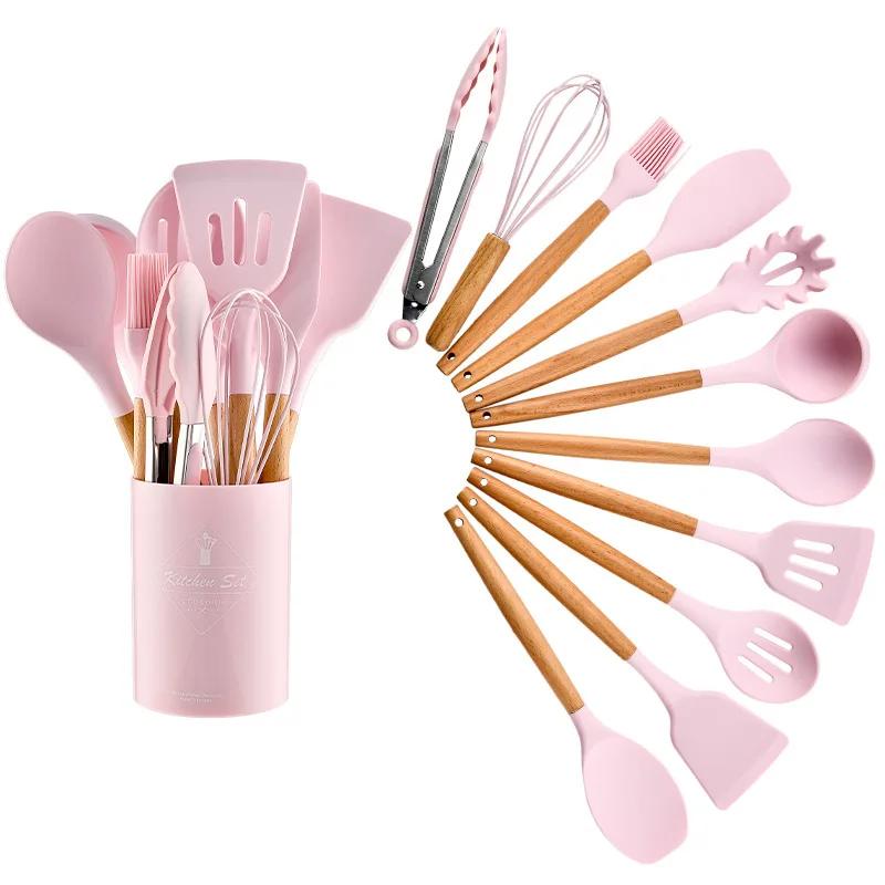 12Pcs Cooking Spoon Set with Wooden Handles Non-stick Silicone Cookware, Heat-resistant Kitchen Tools Storage Container