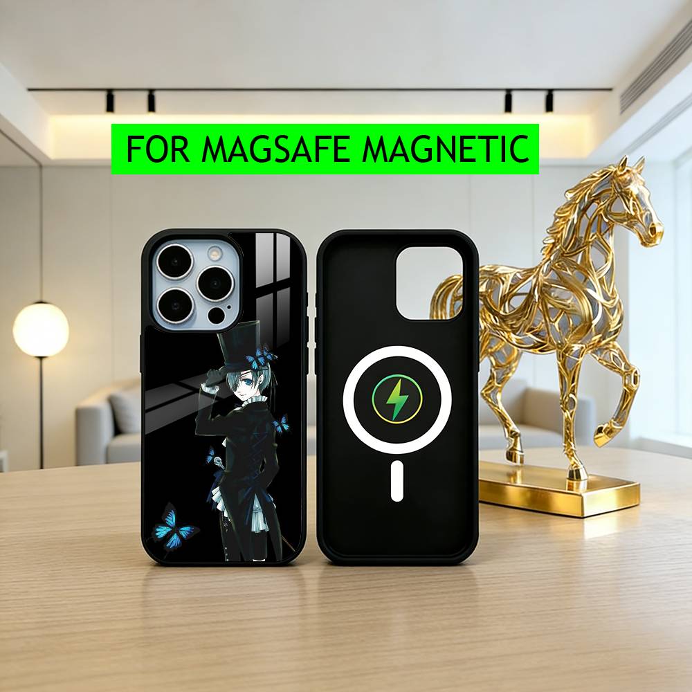 Black C-Ciel P-Phantomhive Butler Phone Case For iPhone17,16,15,14,13,12,11 Plus,Pro Magnetic with Magsafe Wireless Charging