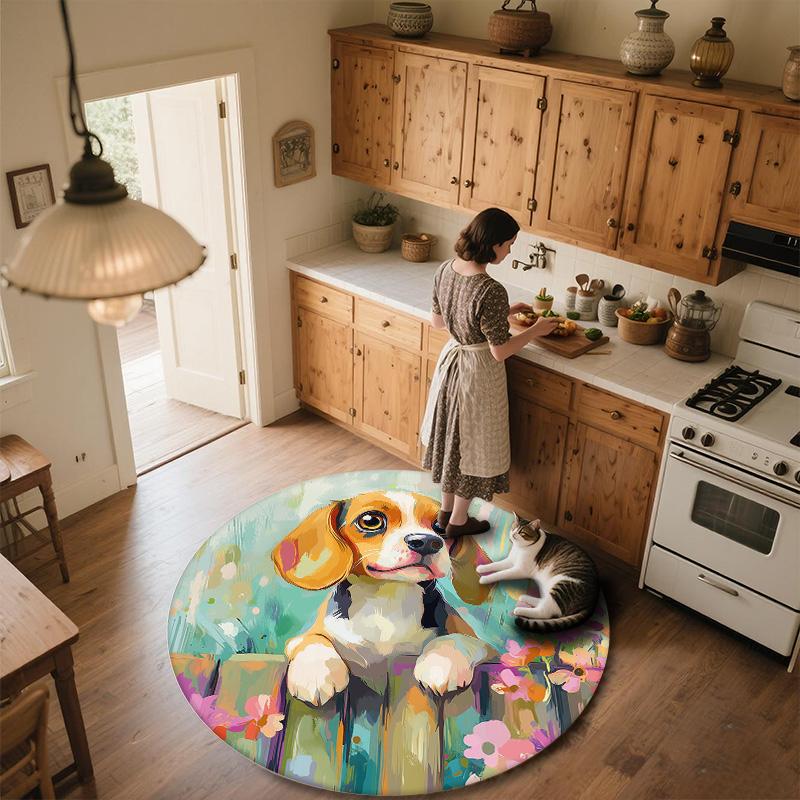 Flower Fence Dog,Round Area Rug,Carpet Rug for Living Room Bedroom Sofa Playroom Decor,Non-slip Floor Mat