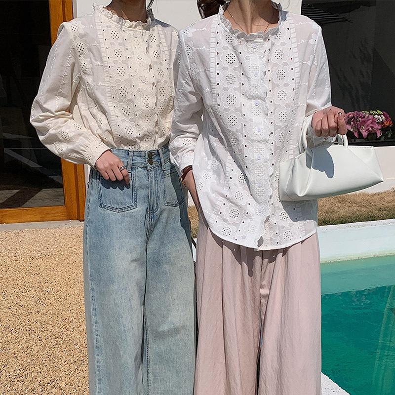 

Women s New Spring Style Apricot Sugar Color French Lace Collar Cotton Shirt M