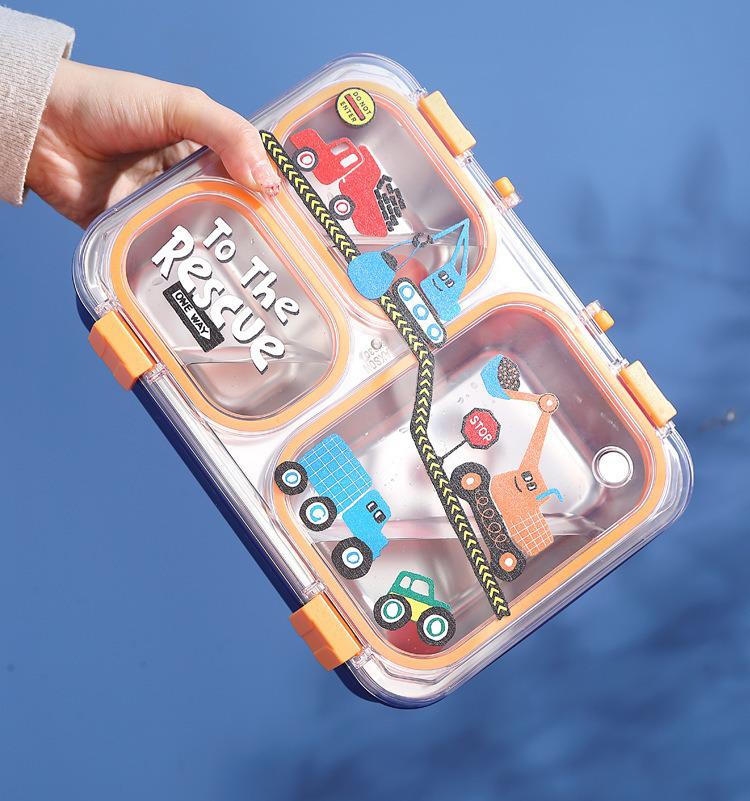 304 Stainless Steel Insulated Lunch Box with Handle - Cartoon Style, Three Compartments, Sealed Bento Box for Students and Work Meals.