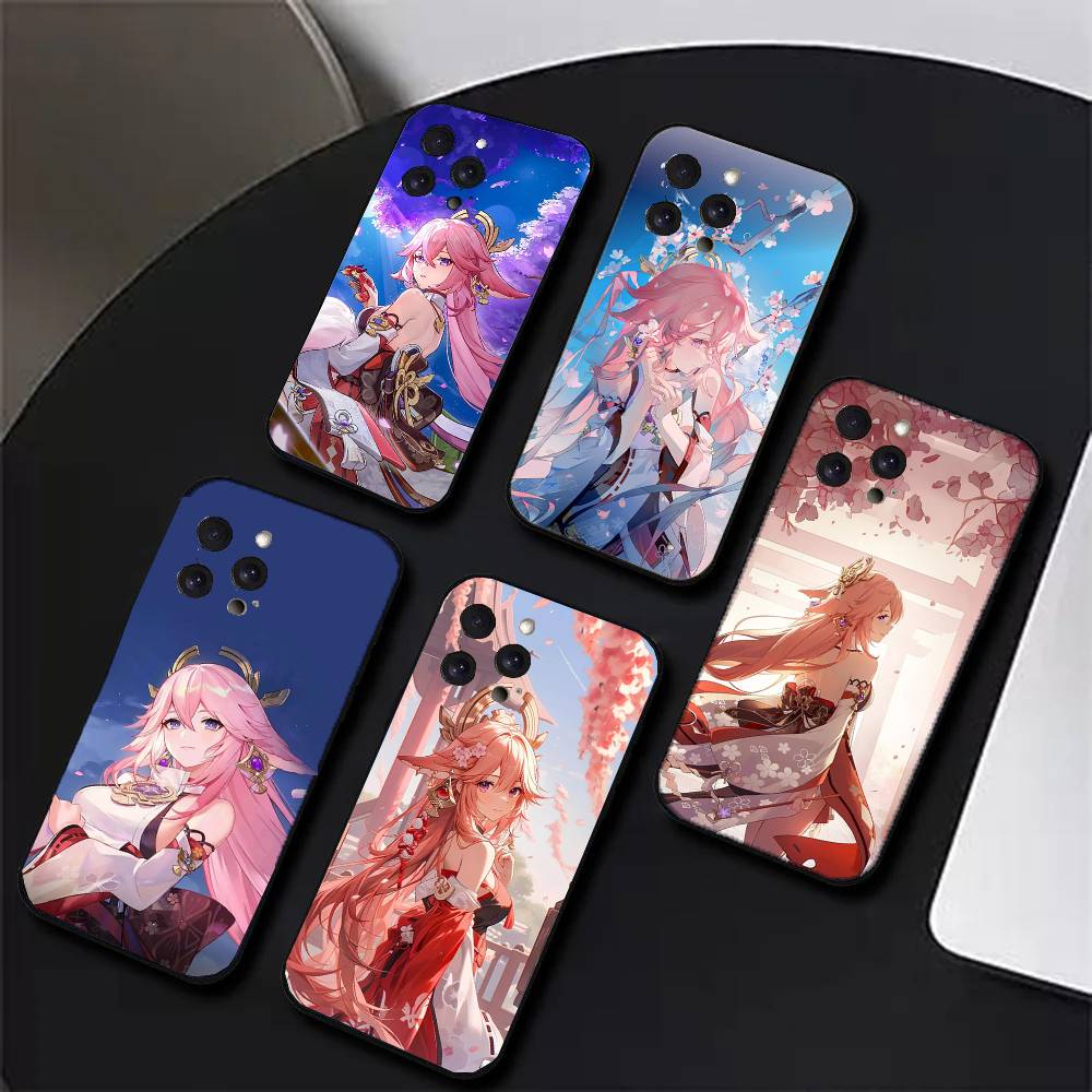 Yae Miko Animation Spiel G-Genshin I-Impact Handyhülle Für IPhone 17 Air 16 15 14 13 Pro Max 11 12 Schwarze Silikonhülle