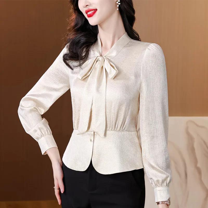 Women Satin Bow Tie Neck Long Sleeve Peplum Blouse M бежевый