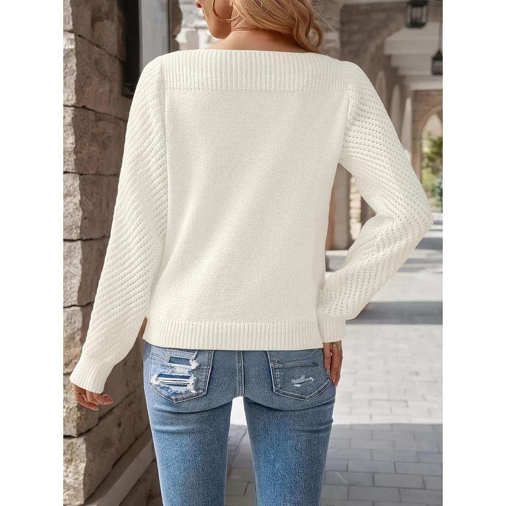 סוודר נשים סתיו ואביב צבע אחיד סריג חלול שרוולים ארוכים סוודר סריג פולאובר כתף אחת
