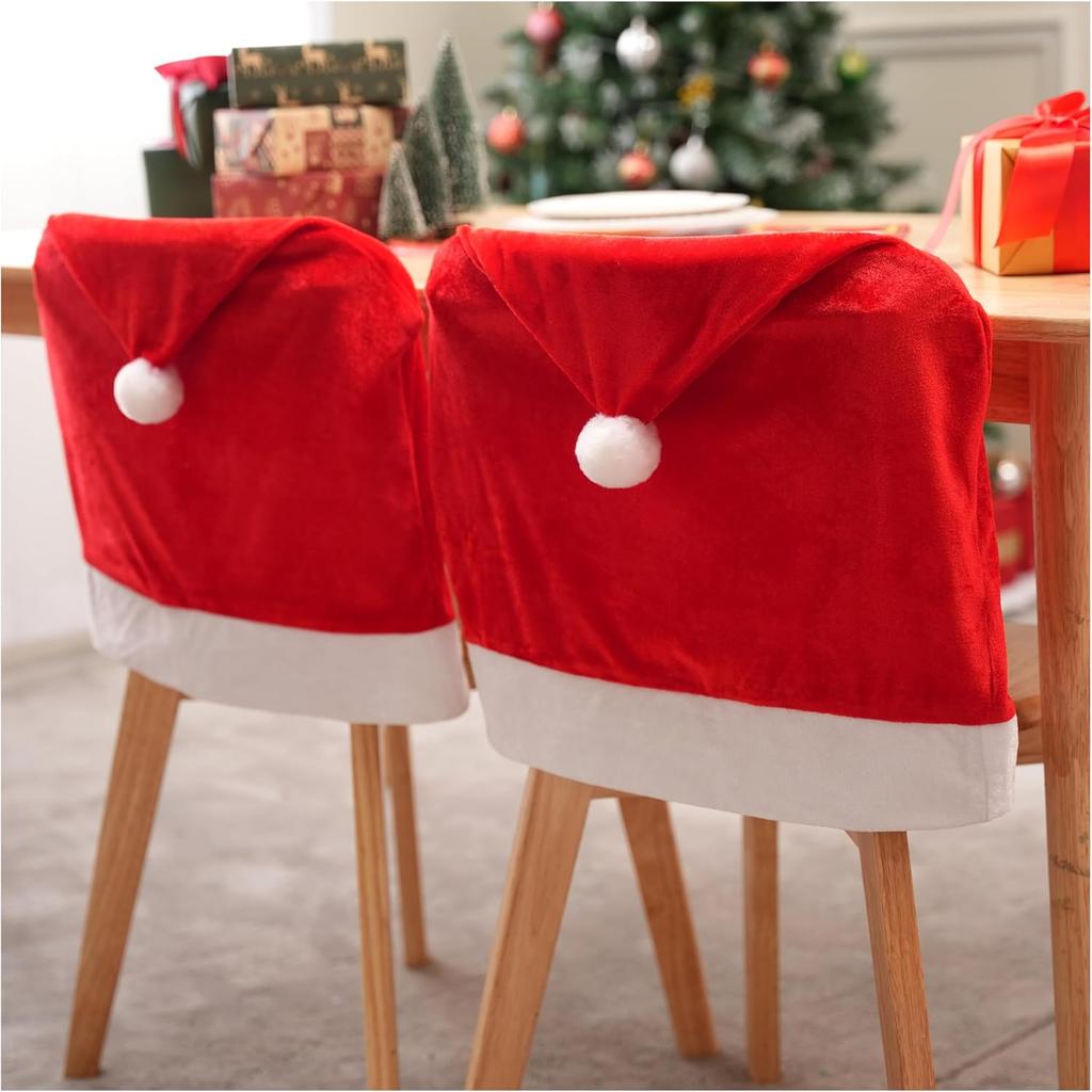 JOYFY 4 Pcs Christmas Chair Cover Red Santa Hat Chair Slipcovers for Christmas Holiday Festival Decoration Ornaments Set