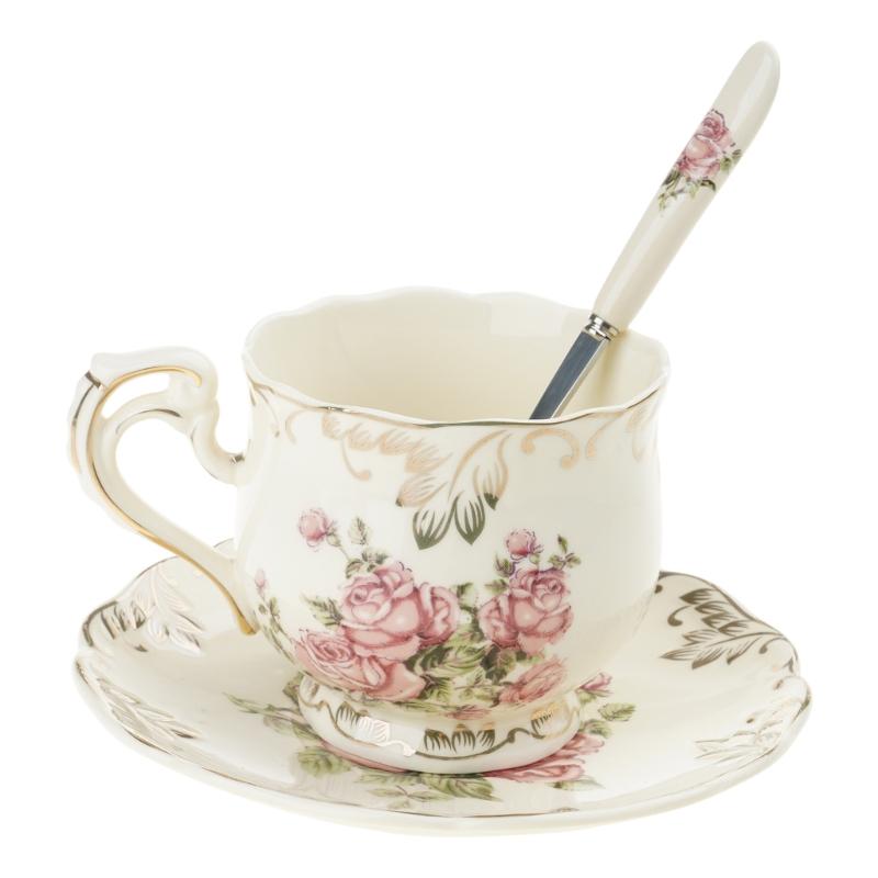 Ivory Porcelain Flower Sea Ceramics Coffee Cup Saucers Hand Painted Rose Porcelain Teas Cup Dish and Spoon Drink Gift
