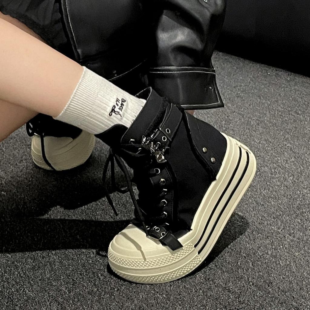 Popular Retro High-end Thick-soled Little White Shoes Women's 2025 New Autumn Skirt Heightening High-top Canvas Shoes