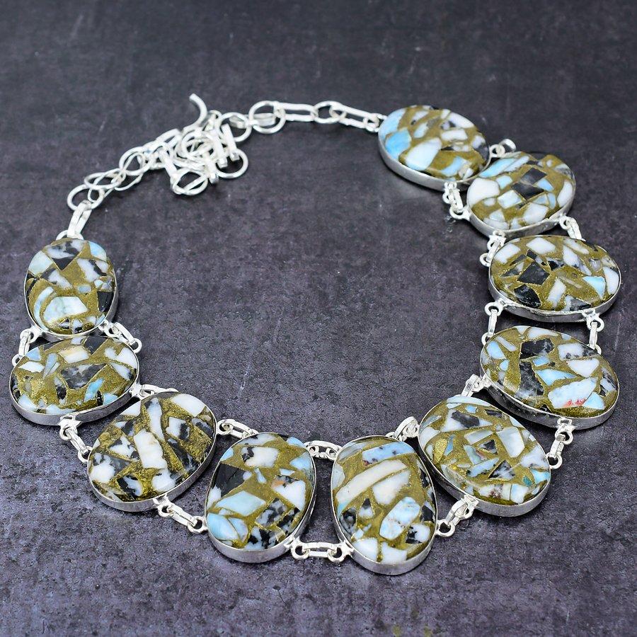 Natürlicher Zebra-Jaspis-Edelstein, handgefertigte Halskette aus 925er Sterlingsilber, 45,7 cm, m0H44