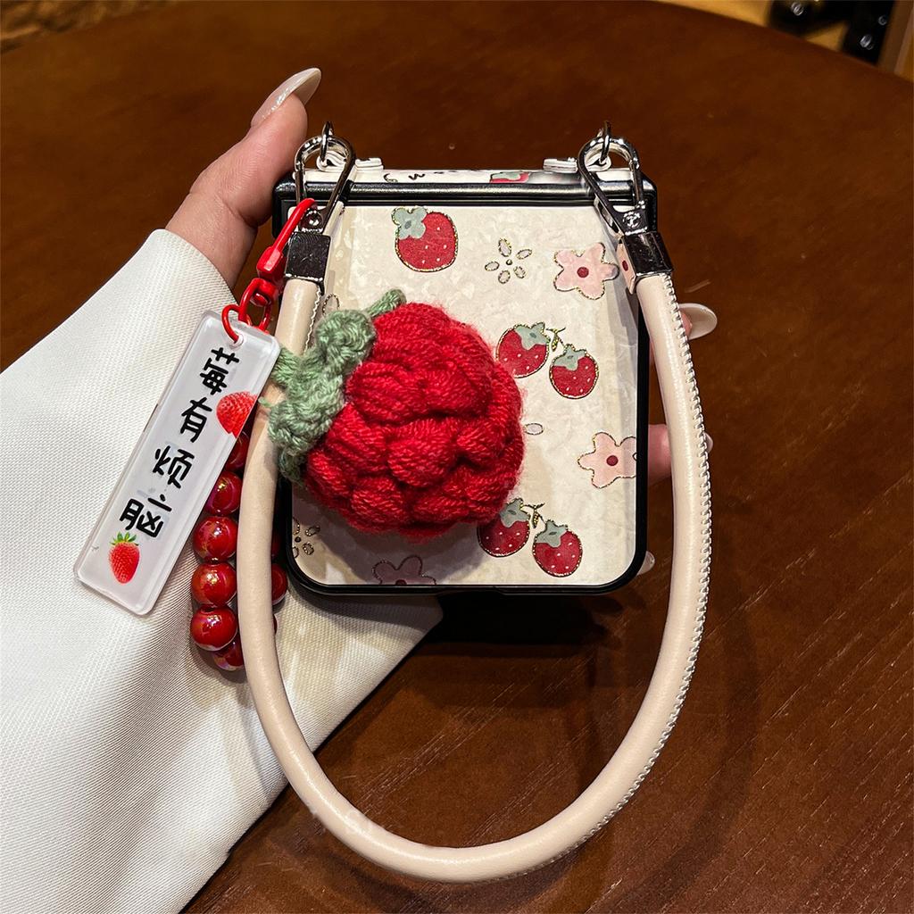 Cute Korean Strawberry Flowers Phone Case with Knitted Fruit Pendant Leather Strap for Samsung Galaxy Z Flip7 Flip 6 Flip5 Cover
