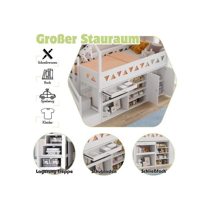 Pat de copil - MUVOE - 90x200 - Lemn masiv - Cu tobogan și sertare - Alb