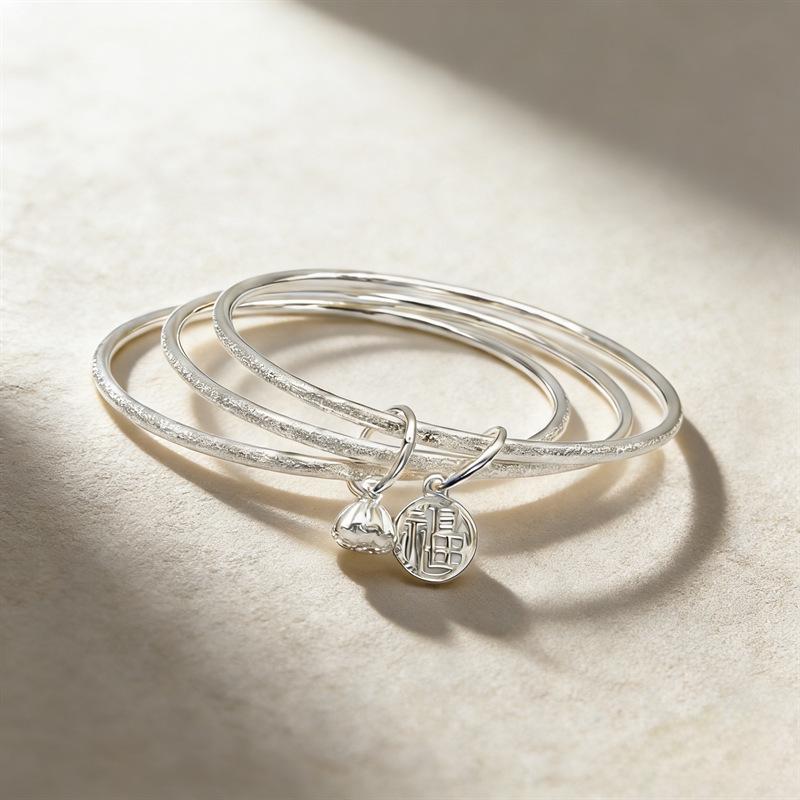 Three Lives Three Worlds Bracelet: White Copper-Plated Silver Bangle, Perfect Versatile Gift for Valentine s Day. Blessing Sign Bracelet 60#