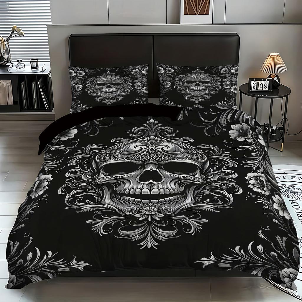 3PCS Black and White Skeleton Victorian Baroque Gothic Retro Duvet Set (1 Duvet Set+2 Pillowcases without Pillow Core)
