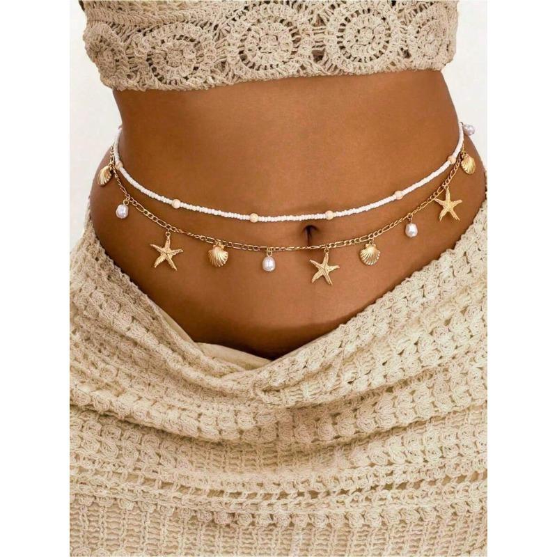 Многослойная богемная пляжная жемчужная цепочка на талию со звездой и ракушкой, пляжное украшение для тела, цепочка для женщин золотой