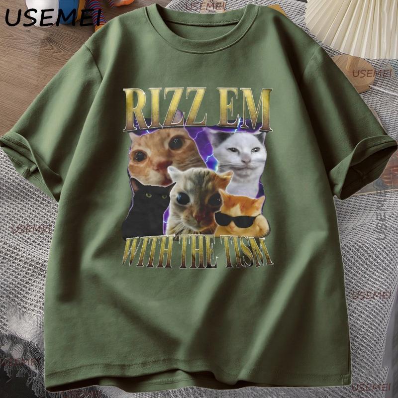 Rizz Em with The Tism Vintage Graphic Tee Unisex Women Retro 90s Funny Cat T Shirt Silly Cats Tshirt Casual Cotton Short Sleve Tee