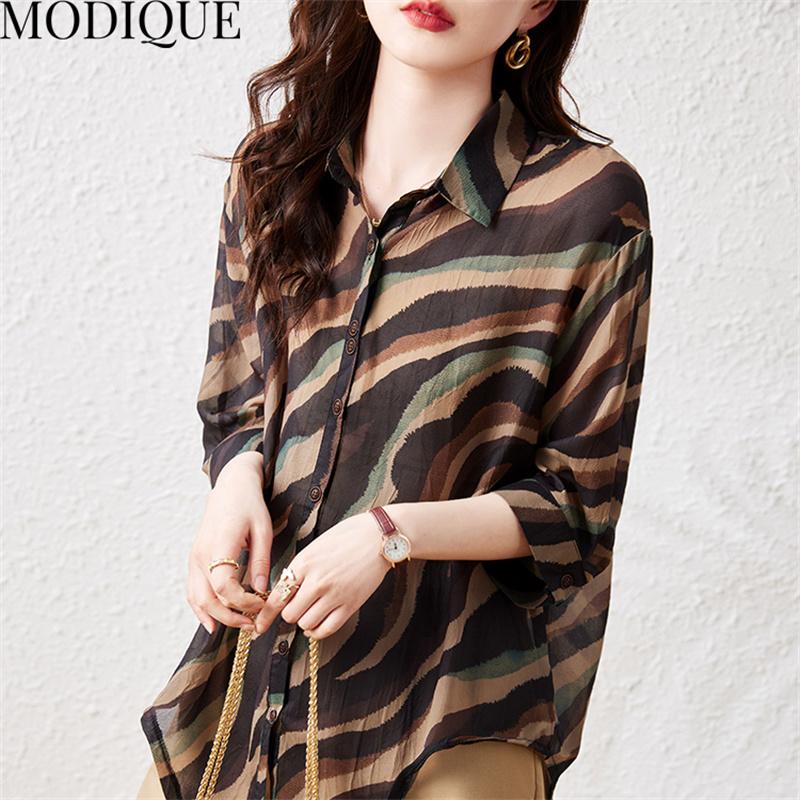 MODIQUE Estate Taglie Forti Donna Cotone Lino Cucito Camicette Camicie Stampa Taglio Ondulato Estate Cappotti Oversize Bottoni POLO