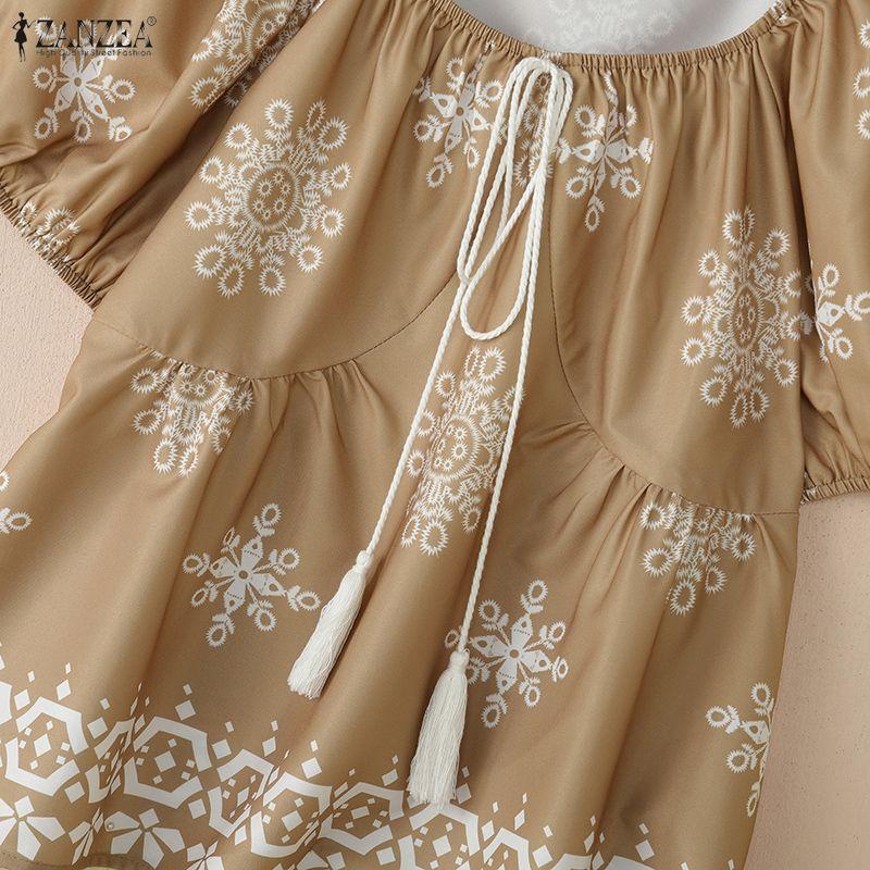ZANZEA Women Casual Round Neck Loose Short Sleeve Summer Print Blouse