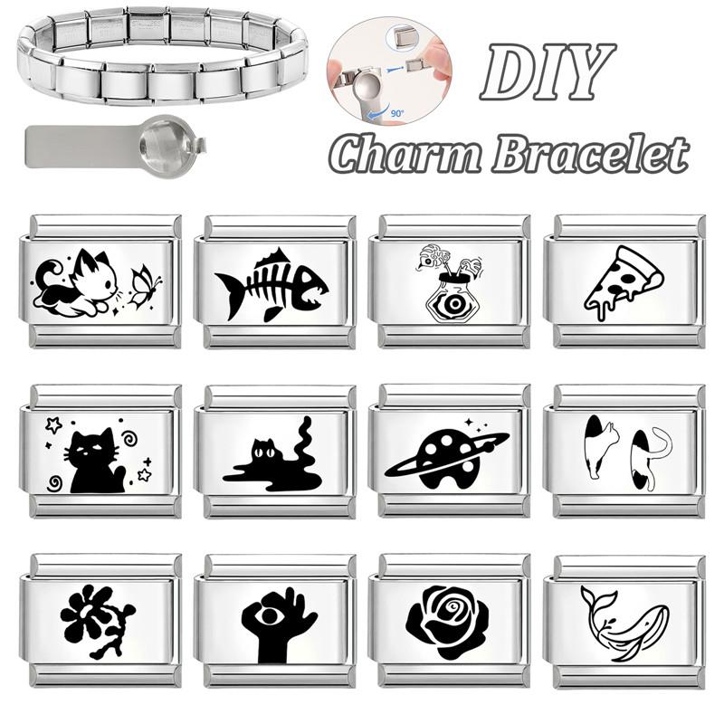 Creative Laser Engraving Funny Cat Butterfly Cheese Dolphin Rose Italian Charm Links Fit 9MM Stainless Steel Bracelet DIY Making