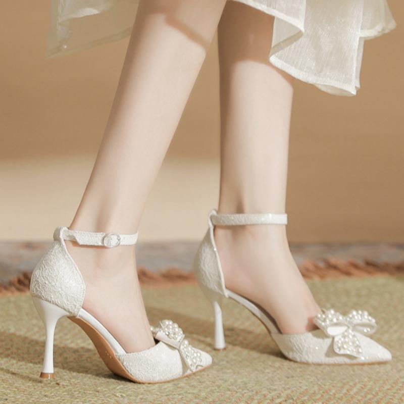Pointed High Heels Large Size Plus Size Wide Women's Shoes Pearl Bow Single Shoes Single Buckle Hollow Sandals
