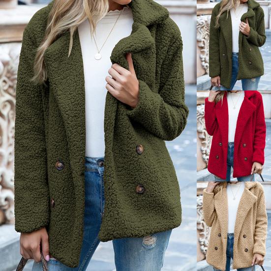 Dámský zimní kabát jednobarevný umělý fleece dlouhý rukáv knoflíky bunda svrchní oděv