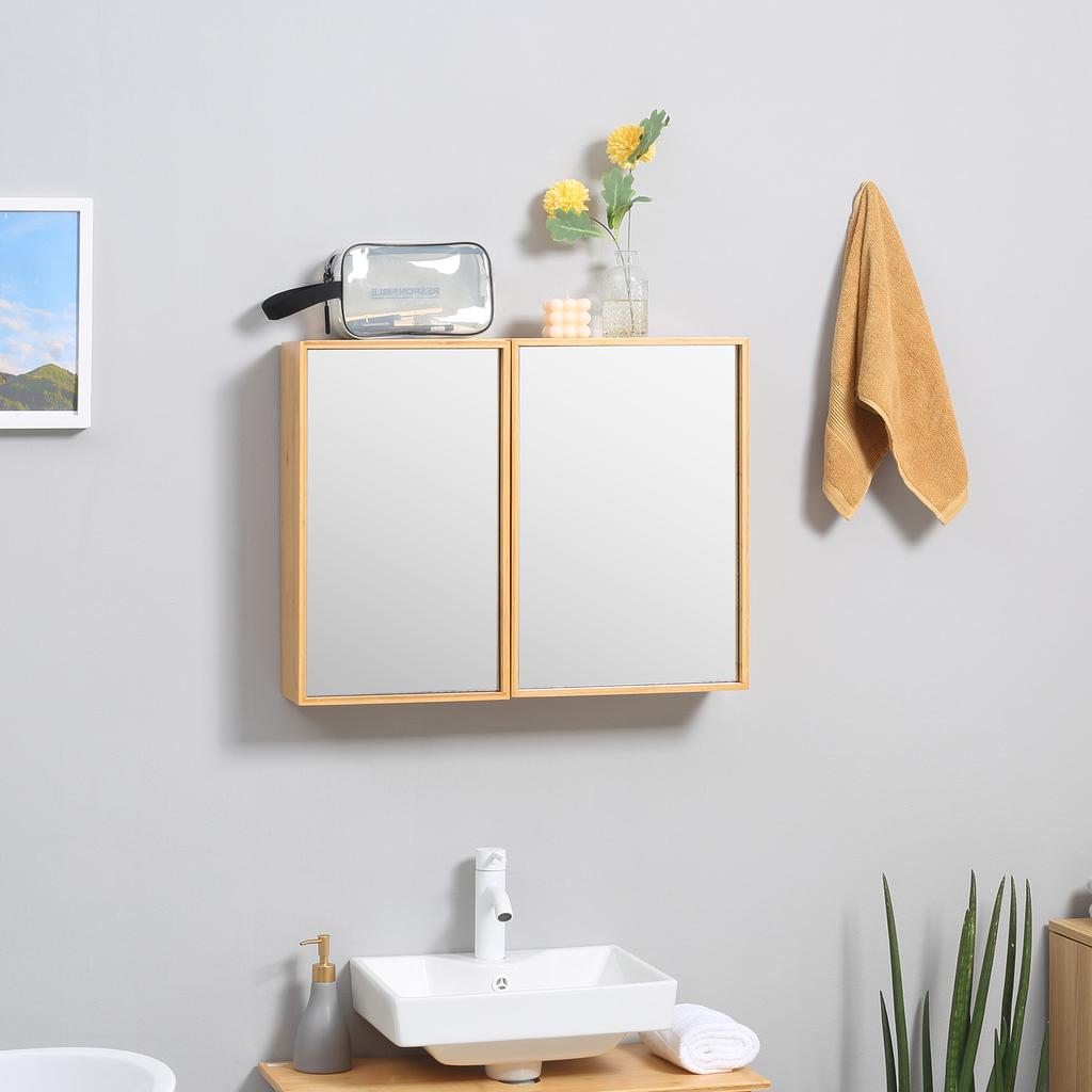 Bathroom Cabinet With Mirror Doors Multiple Interior Compartments Robust Housing Made Of Bamboo Wood 65.2 X 14 X 50 Cm