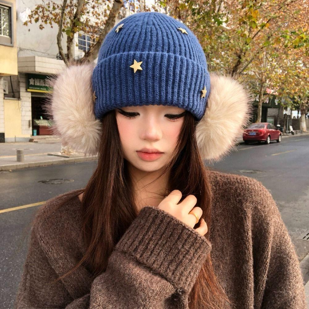 Ear Protection Star Knitted Beanie Hat Cuffed Design Thick Warm Beanie Outdoor Wear