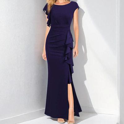 Frühling Neuer Stil Elegant Sexy und Modisch Einfarbig Rundhals Gerüschtes Damenkleid