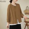 ZANZEA Women Casual Round Neck Solid Color Loose Long Sleeve Blouse